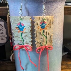 Hand Painted Birch Bark Indigenous Floral Earrings with Pink Bow